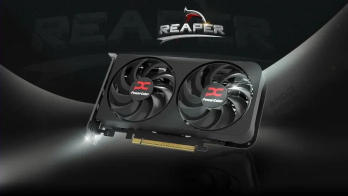 PowerColor Radeon RX 9050 8GB Reaper graphics card with a dual-fan cooling design.