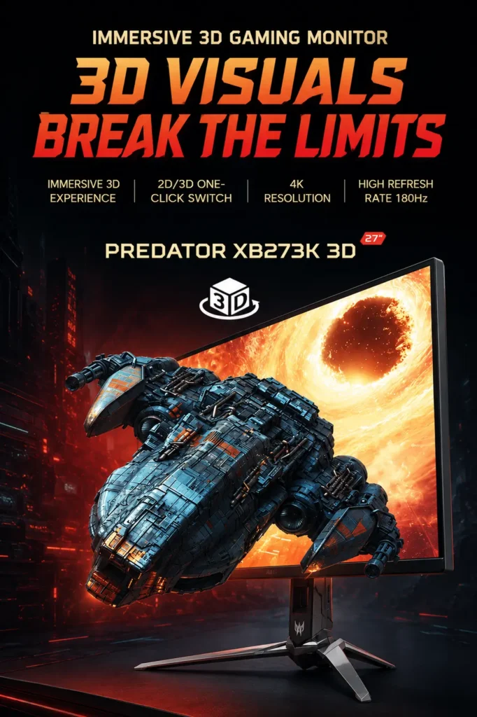 Promotional poster for the Acer Predator XB273K 3D gaming monitor highlighting its glasses-free 3D display, 4K resolution, and 180Hz refresh rate.