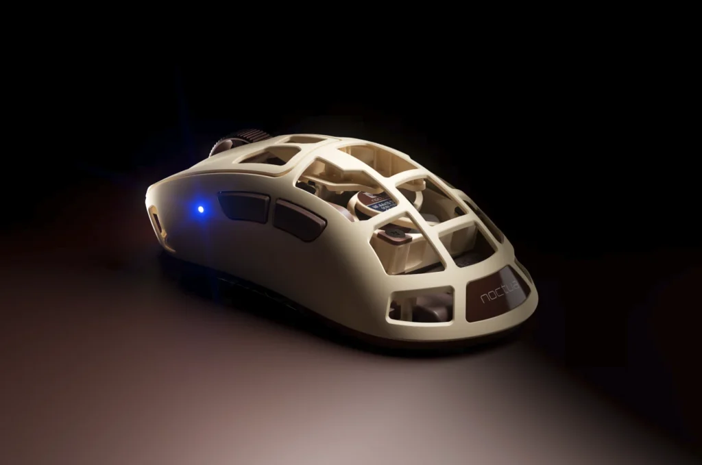 Angled view of the Pulsar Feinmann F01 Noctua Edition gaming mouse.