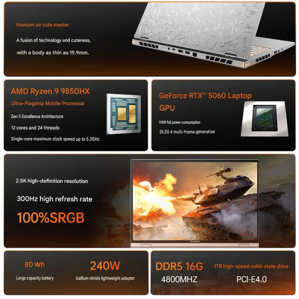 COLORFIRE Launches MEOW R16 Ultra Gaming Laptop With Ryzen 9 9850HX and RTX 5060 1 COLORFIRE MEOW R16 Ultra specifications highlighting the Ryzen 9 9850HX processor and GeForce RTX 5060 Laptop GPU.