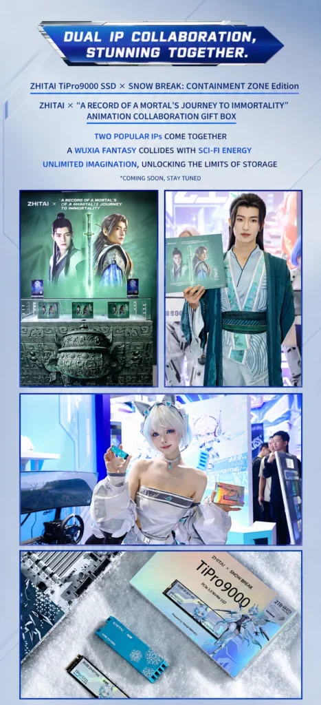 ZhiTai Showcased ROG Snow White TiPro9000 SSD Nears Retail Release 1 ZHITAI TiPro9000 SSD collaboration display featuring themed packaging, promotional artwork, and limited-edition products.