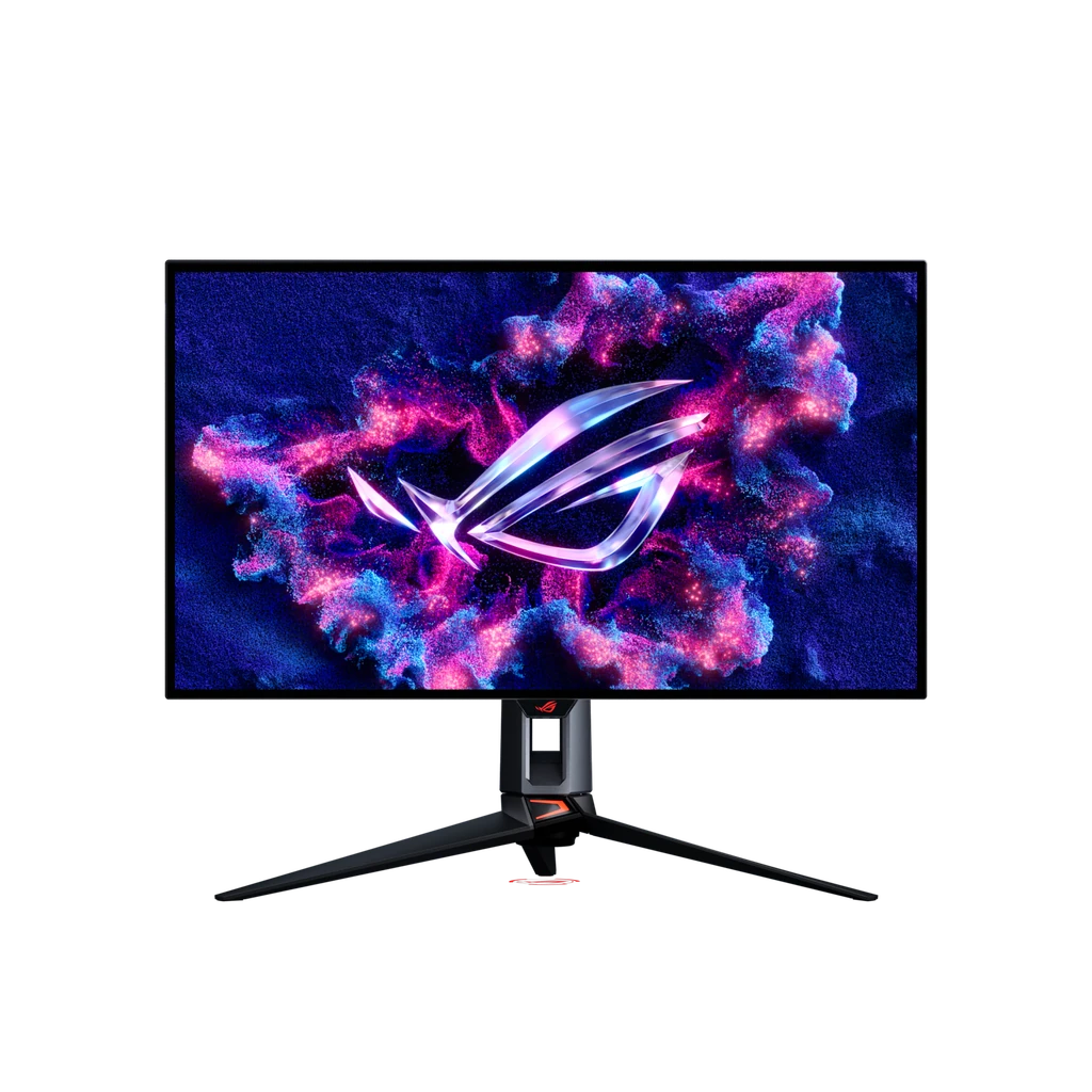 Front view of the ASUS ROG Swift OLED PG27UCWM gaming monitor with a 4K Tandem RGB OLED display.