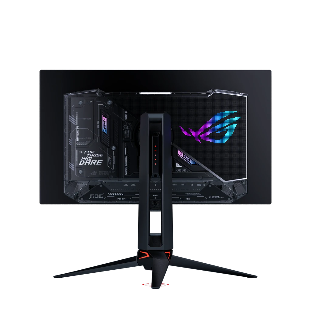Rear design of the ASUS ROG Swift OLED PG27UCWM gaming monitor featuring the illuminated ROG logo