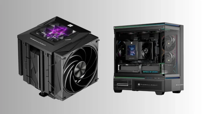 Thermalright Royal Pretor 130 Vision dual-tower air CPU cooler with an integrated display shown alongside a gaming PC featuring the cooler installed.