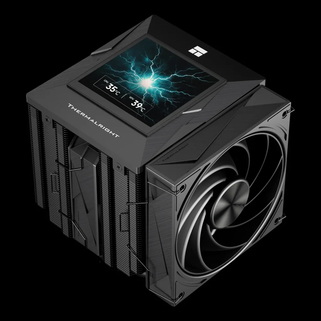 Thermalright Launches Royal Pretor 130 Vision With 3.95-Inch LCD Display 4 Angled view of the Thermalright Royal Pretor 130 Vision dual-tower CPU air cooler with a top-mounted display showing CPU and GPU temperatures.