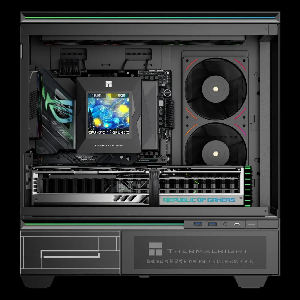 Thermalright Launches Royal Pretor 130 Vision With 3.95-Inch LCD Display 1 Interior view of a gaming PC with the Thermalright Royal Pretor 130 Vision CPU cooler installed, showing its built-in display and dual-fan cooling design.