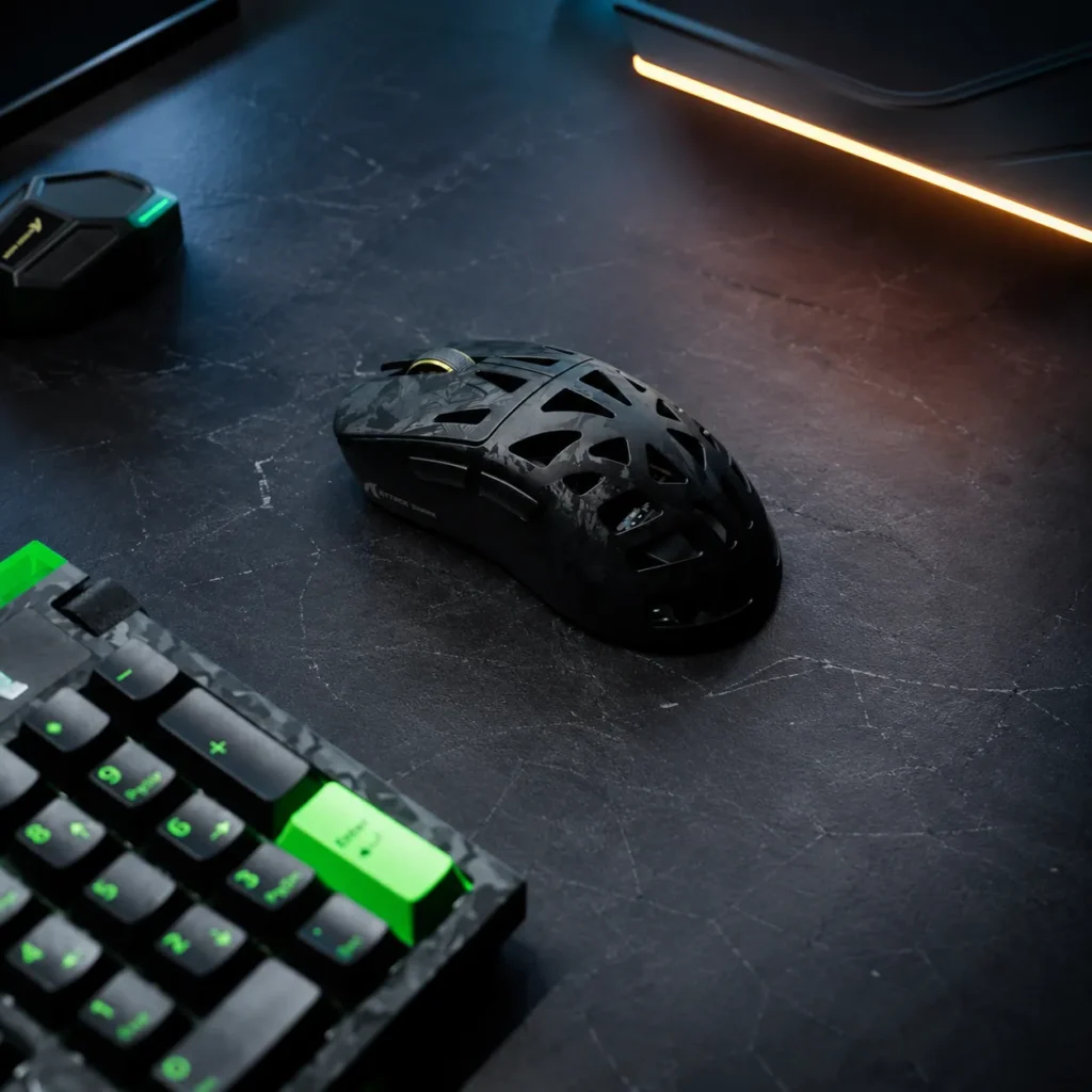 ATTACK SHARK Announces RS6 ULTRA Gaming Mouse With Hot-Swappable Batteries 1 Attack Shark RS6 Ultra wireless gaming mouse placed on a gaming desk beside a mechanical keyboard.