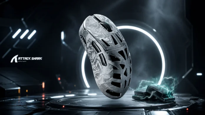 Attack Shark RS6 Ultra lightweight wireless gaming mouse with an open-shell honeycomb design and camouflage finish.