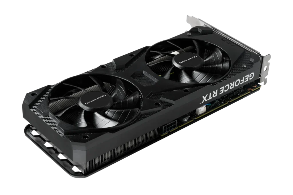 Gainward RTX 3060 Python II OC Debuts With 12GB GDDR6 2 Angled view of the Gainward GeForce RTX 3060 Python II OC graphics card showing its dual-fan cooler and heatsink.