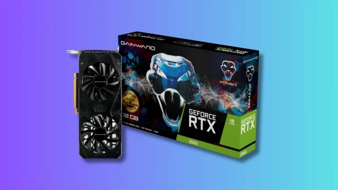 Gainward GeForce RTX 3060 Python II OC graphics card displayed beside its retail packaging.