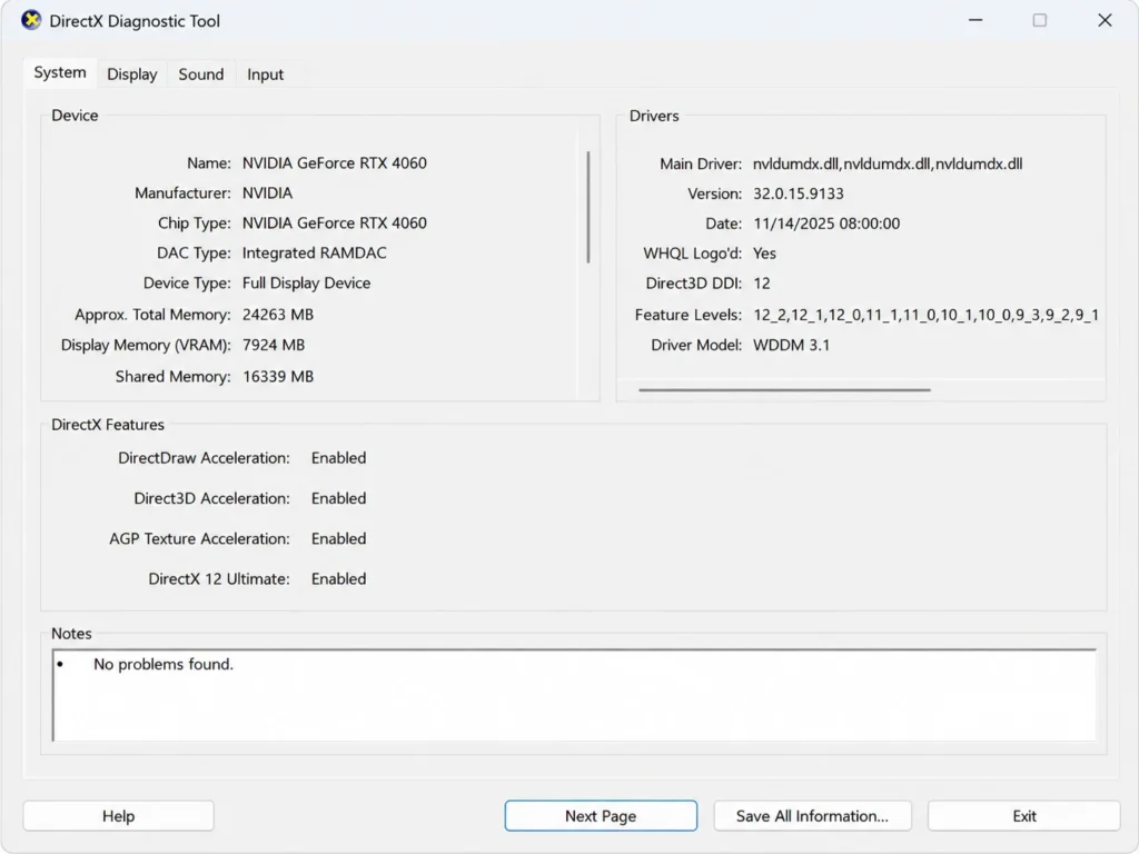 DirectX Diagnostic Tool showing NVIDIA GeForce RTX 4060 graphics details on Windows 11.