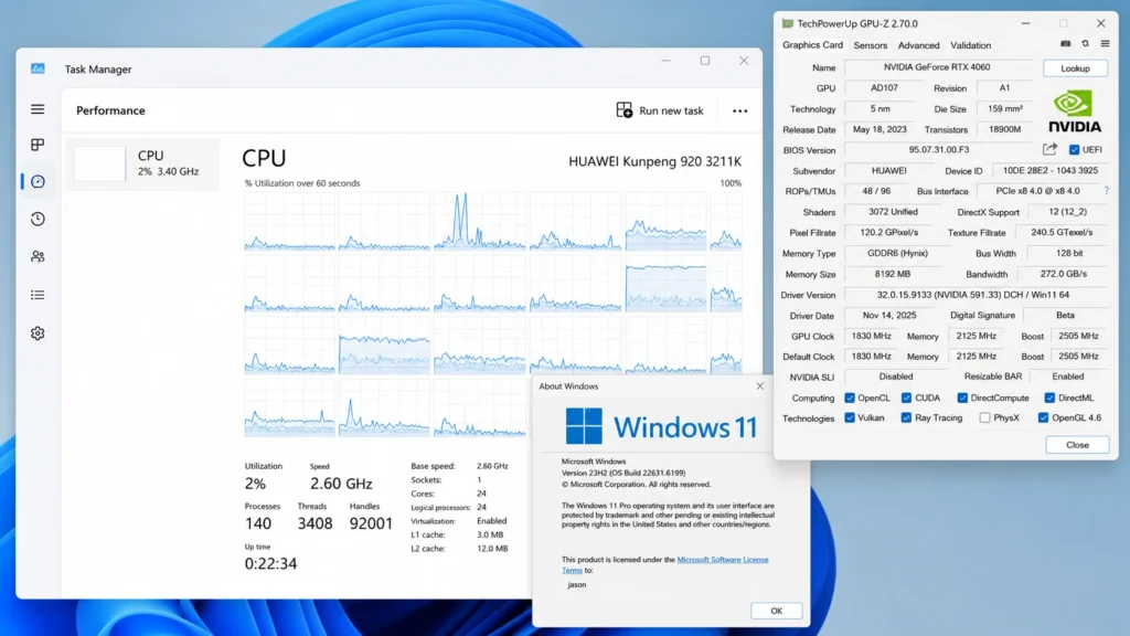 Windows 11 system information displaying NVIDIA GeForce RTX 4060 GPU and Huawei Kunpeng 920 processor.