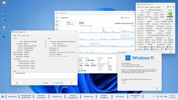 Windows 11 desktop showing NVIDIA GeForce RTX 4060 system information, Task Manager, and GPU-Z.