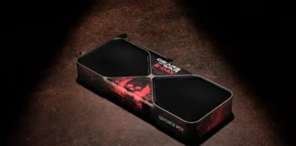 NVIDIA Launches RTX 5080 With Gears of War: E-Day Edition NVIDIA GeForce RTX 5080 graphics card featuring a custom Gears of War E-Day themed design with red artwork and GeForce RTX branding.
