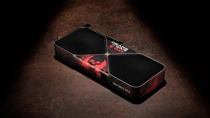 NVIDIA GeForce RTX 5080 graphics card featuring a custom Gears of War E-Day themed design with red artwork and GeForce RTX branding.