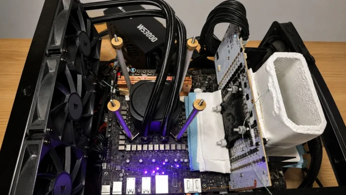 Liquid nitrogen overclocking setup for the RTX 5090D graphics card.