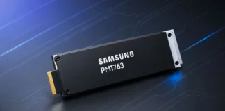 Samsung PM1763 SSD Enters Mass Production With 28.4 GB/s Speeds for AI Servers Samsung PM1763 enterprise PCIe SSD shown on a dark background.