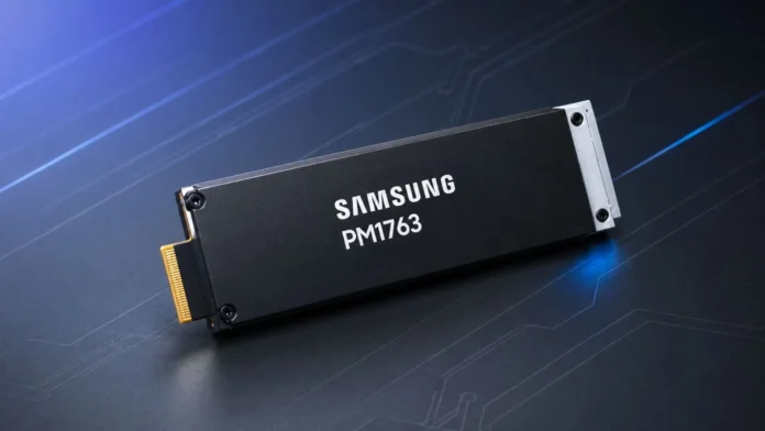 Samsung PM1763 enterprise PCIe SSD shown on a dark background.