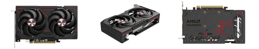 Front, side, and back views of the Sapphire PULSE Radeon RX 9050 graphics card.