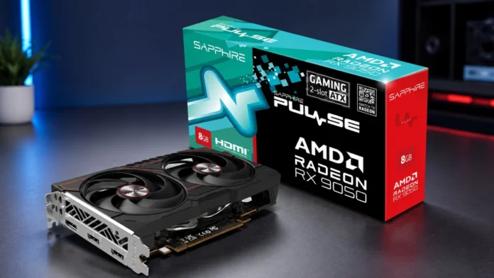Sapphire PULSE Radeon RX 9050 8GB graphics card with retail box and dual-fan cooling design.