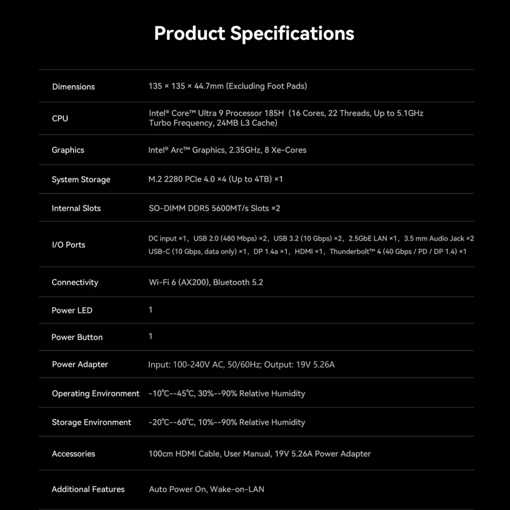 ZeroTech Releases SEi13 AI and SEi14 AI Mini PCs With 160 TOPS NPU 5 GMKtec SEi14 AI mini PC specifications featuring Intel Core Ultra 9 185H processor, Intel Arc graphics, DDR5 memory support, PCIe 4.0 SSD, Thunderbolt 4, and Wi-Fi 6.