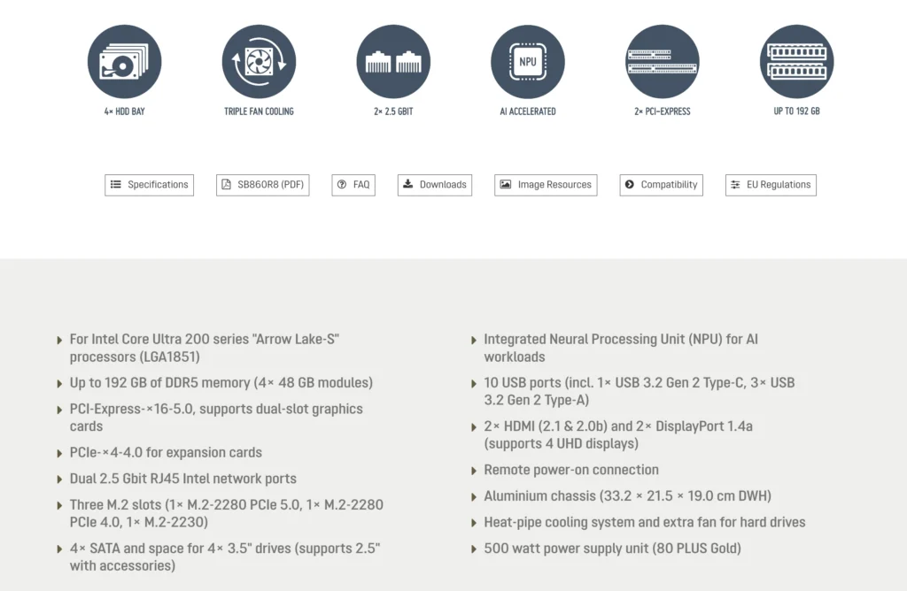 Feature overview of the Shuttle XPC SB860R8 highlighting support for Intel Core Ultra 200 processors, up to 192GB DDR5 memory, four drive bays, dual 2.5GbE, and AI-ready capabilities.