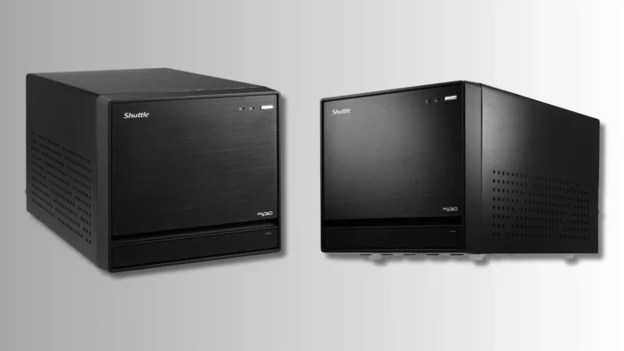 Front and angled views of the Shuttle XPC SB860R8 Mini PC highlighting its brushed black aluminum chassis and compact cube form factor.