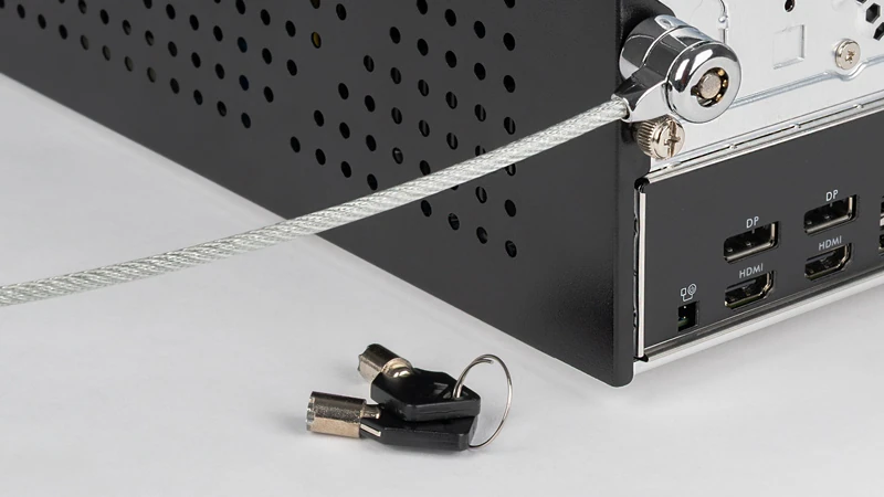 Close-up of the Shuttle XPC SB860R8 Kensington security lock slot with a lock cable attached.