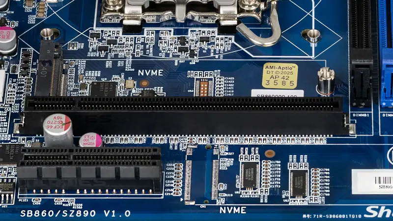 Motherboard of the Shuttle XPC SB860R8 showing PCIe x16, NVMe M.2 slots, and expansion capabilities.