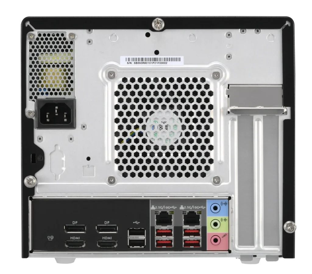 Rear view of the Shuttle XPC SB860R8 Mini PC showing DisplayPort, HDMI, USB ports, dual 2.5GbE LAN, audio jacks, power connector, and ventilation.