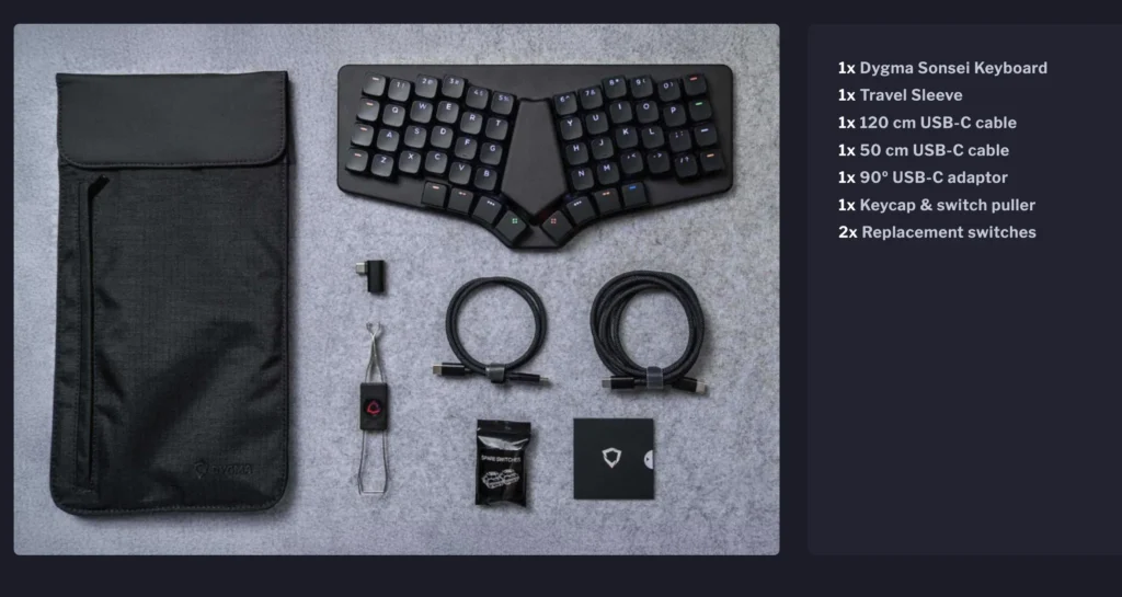 Dygma Releases Sonsei Travel-Friendly Ergonomic Mechanical Keyboard 3 Dygma Sonsei ergonomic split keyboard package contents including the keyboard, travel sleeve, USB-C cables, USB-C adapter, keycap and switch puller, replacement switches, and documentation.