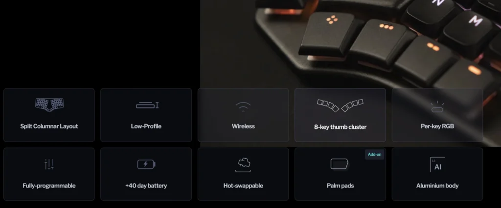 Dygma Releases Sonsei Travel-Friendly Ergonomic Mechanical Keyboard 2 Dygma Sonsei feature overview showing split column layout, wireless connectivity, hot-swappable switches, RGB lighting, aluminum body, and 40-day battery life.