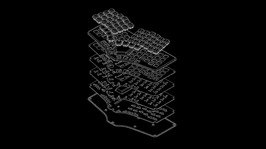 Dygma Releases Sonsei Travel-Friendly Ergonomic Mechanical Keyboard 7 Exploded view of the Dygma Sonsei keyboard showing its layered internal construction and components.