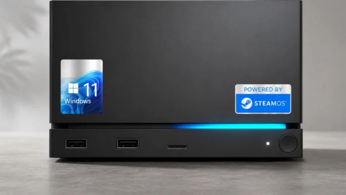 Front view of a Steam Machine desktop with Windows 11 and SteamOS branding, featuring dual USB ports, an SD card slot, and a blue front light strip.