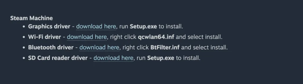 Steam support page listing Windows driver downloads for Steam Machine, including graphics, Wi-Fi, Bluetooth, and SD card reader drivers.