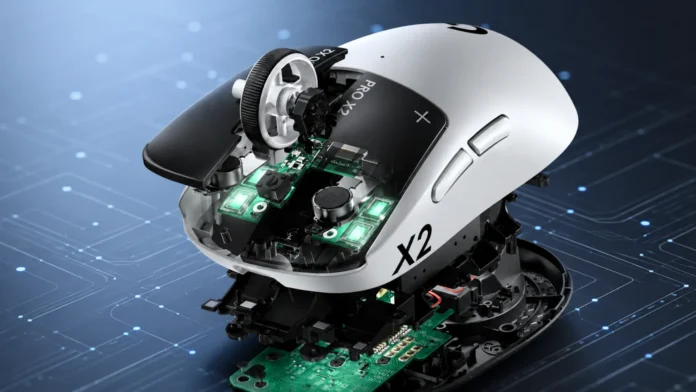 Superstrike 2 gaming mouse with an exploded view showing its internal switches, sensor, scroll wheel, and PCB components.