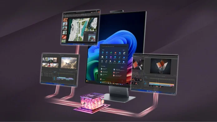 Lenovo ThinkCentre X AIO Aura Edition connected to multiple external displays for productivity.