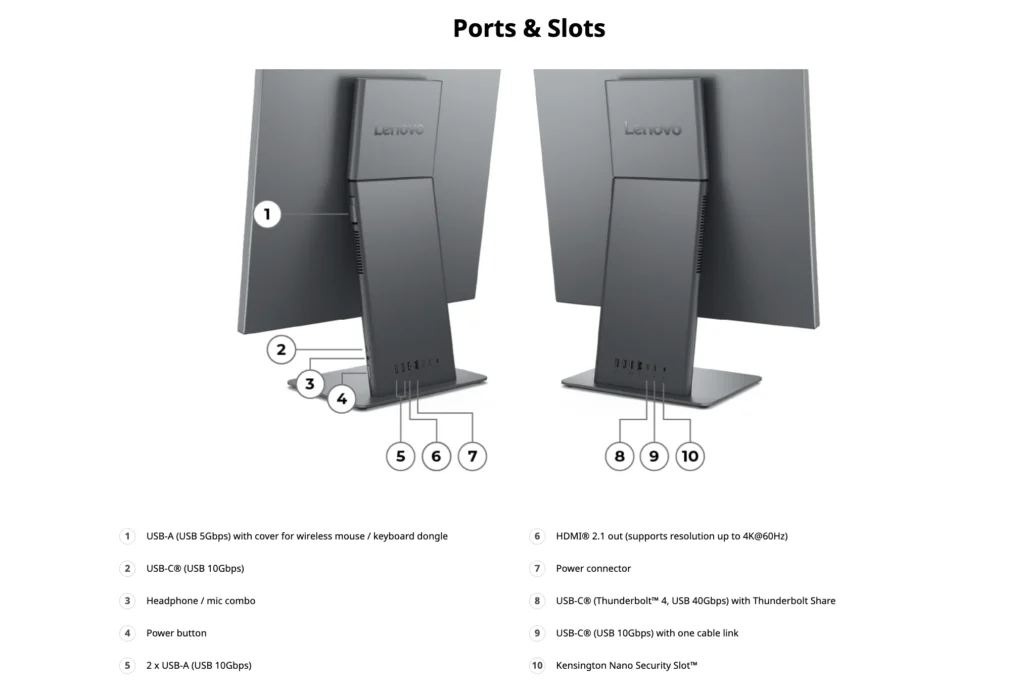 Rear view of the Lenovo ThinkCentre X AIO Aura Edition highlighting its ports and connectivity options.