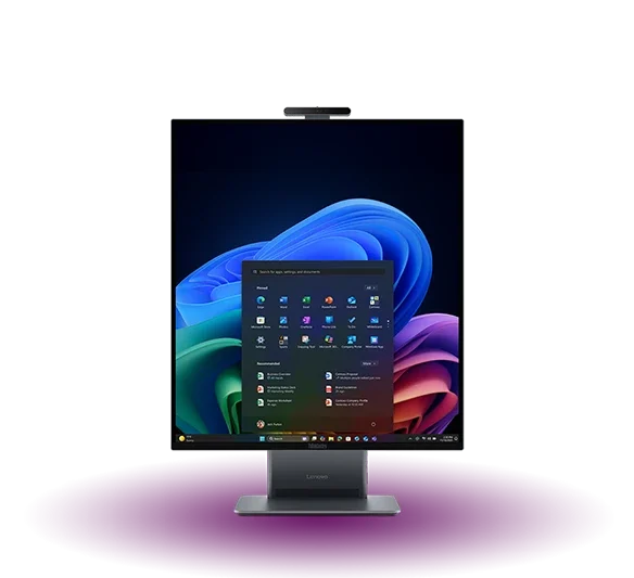 Front view of the Lenovo ThinkCentre X AIO Aura Edition all-in-one desktop with integrated webcam.