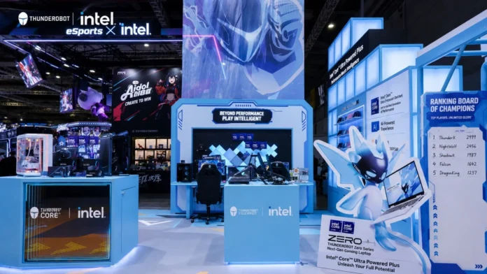 Thunderobot gaming booth at BW2026 showcasing Intel Core Ultra-powered gaming laptops, desktops, peripherals, and esports displays.
