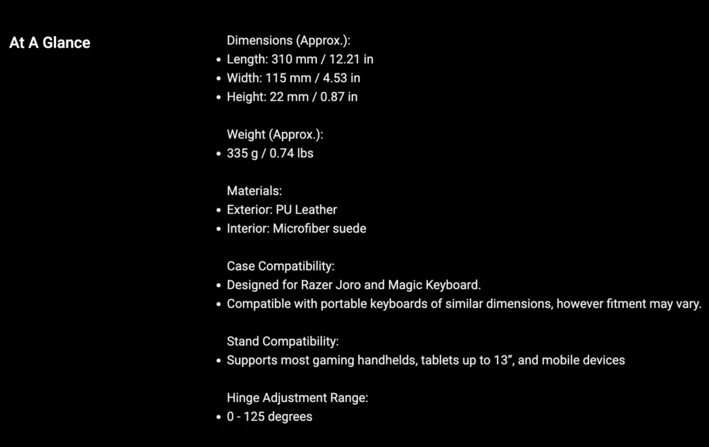 Razer Travel Case Folio dimensions, materials, compatibility, and hinge adjustment specifications.
