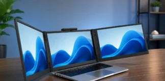 SourceNext DIGI+ Creates a Triple-Screen Laptop Setup Triple-screen laptop with two fold-out displays creating a wide multi-monitor workspace.