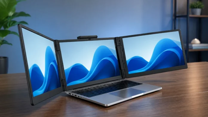 Triple-screen laptop with two fold-out displays creating a wide multi-monitor workspace.