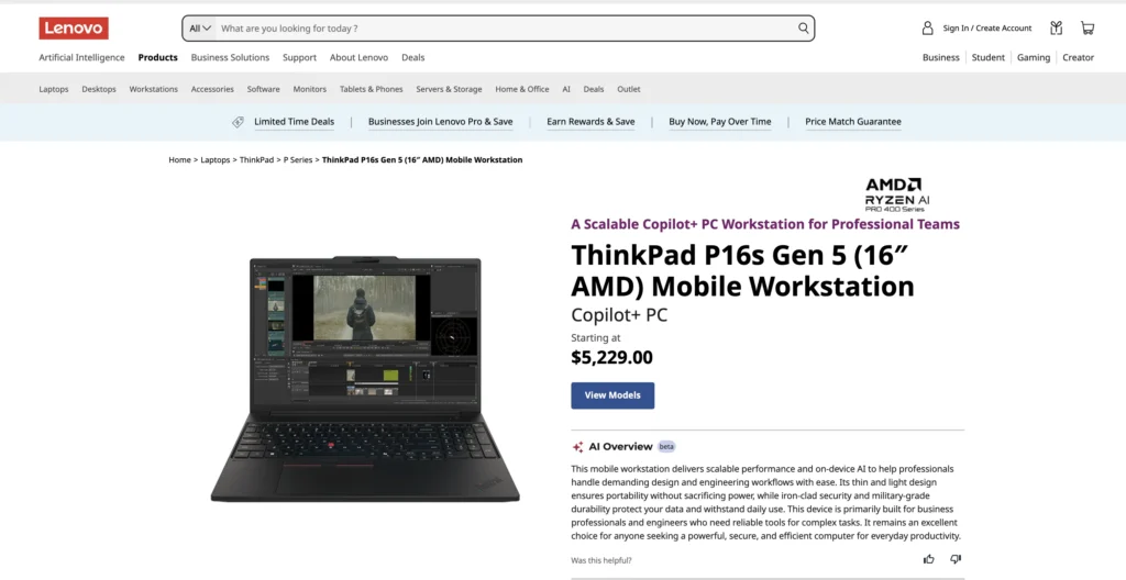 Lenovo Releases ThinkPad P16s Gen 5 AMD Mobile Workstation Globally 1 Lenovo ThinkPad P16s Gen 5 AMD mobile workstation product page showing the Copilot+ PC, starting price, and workstation overview.