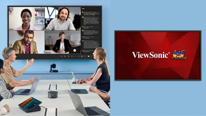 ViewSonic CDEG3 OS-Free 4K display used for video conferencing in a modern meeting room
