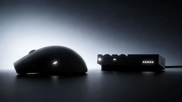 Side profile of the Wallhack M-001 gaming mouse placed next to its charging dock with illuminated status LEDs
