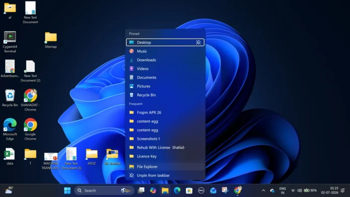 Windows 11 File Explorer jump list showing pinned folders and recent locations