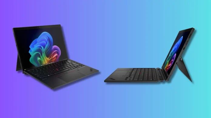 Lenovo ThinkPad X13 Detachable Gen 1 shown in laptop and tablet stand configurations against a colorful background.