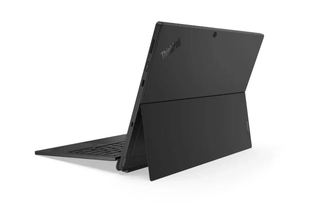 Rear view of the Lenovo ThinkPad X13 Detachable Gen 1 with integrated kickstand and ThinkPad branding.