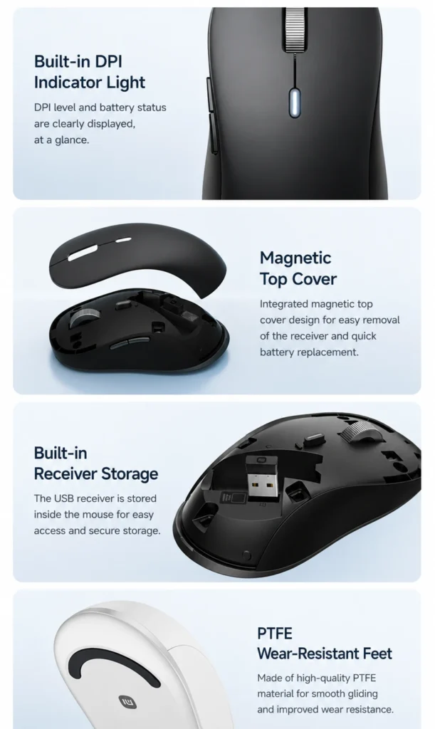 Xiaomi Wireless Mouse 4 Pro Goes on Sale July 7 for 199 Yuan 2 Xiaomi Wireless Mouse 4 Pro showing the DPI indicator light, magnetic top cover, USB receiver storage, and PTFE feet.